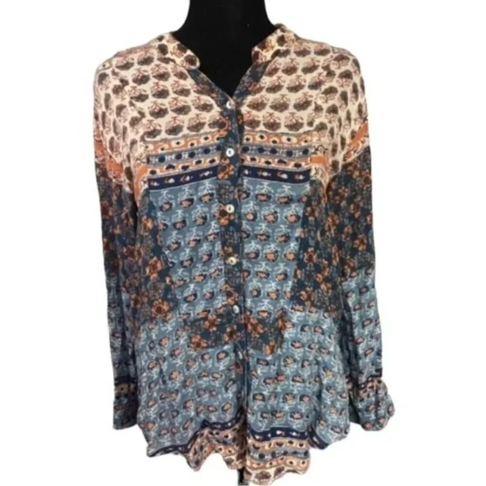 Free People Caravan Patchwork Button Down Top